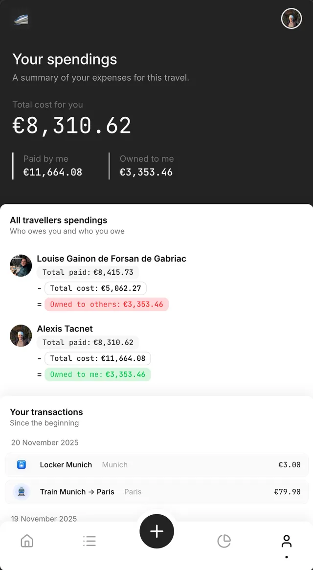 Screenshot of travellers balances