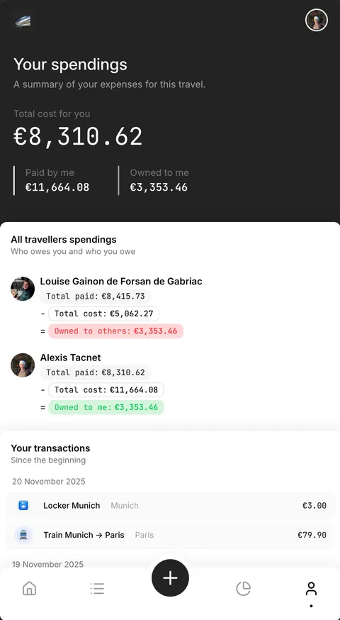 Screenshot of travellers balances