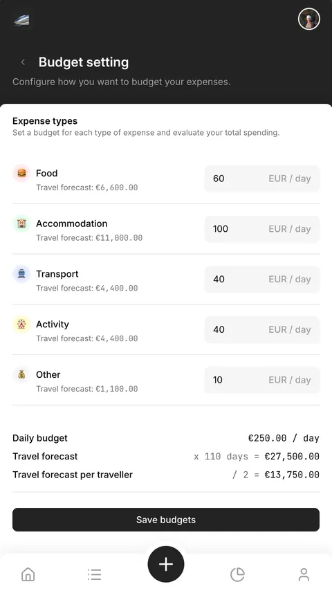 Screenshot of budget setting