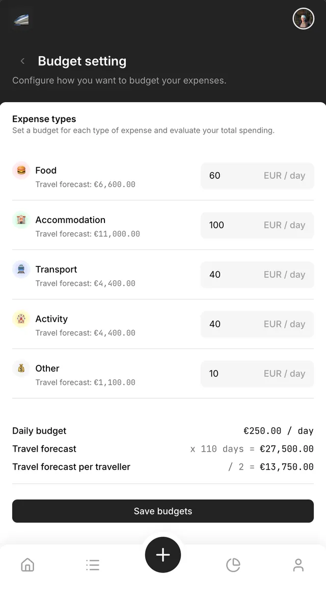 Screenshot of budget setting